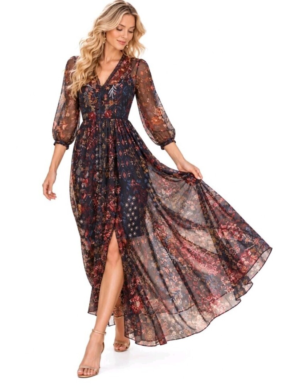 JOHNNY WAS FALL THEIA Mesh DRESS Monika Floral-Geo Sheer Maxi XS NWT $398 #3
